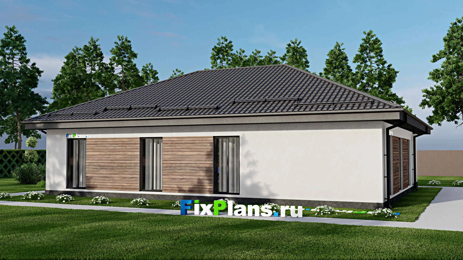 F-3383 - Проект одноэтажного дома 11 на 16, площадью 160 м² с террасой и 3 спальнями