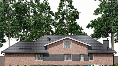 Проект дома с мансардой 15 на 26, площадью 400 м² с террасой, балконом, баней, гаражом на 1 машину и 3 спальнями — фасад 6