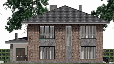 Проект двухэтажного дома 15 на 20, площадью 540 м² с террасой, гаражом на 2 машины и 8 спальнями — фасад 6