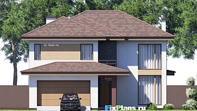 Проект двухэтажного дома 13 на 21, площадью 280 м² с террасой, балконом, баней, гаражом на 2 машины и 3 спальнями — фасад 3