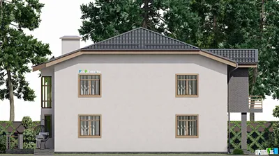 Проект двухэтажного дома 14 на 14, площадью 300 м² с террасой, балконом, гаражом на 1 машину, бассейном и 4 спальнями — фасад 4