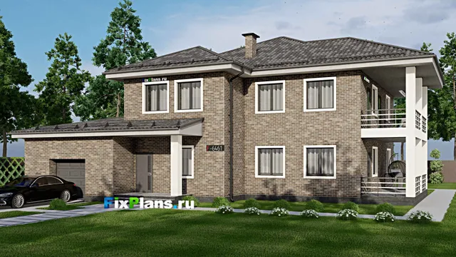 Проект двухэтажного дома 17 на 18, площадью 370 м² с террасой, балконом, баней, гаражом на 1 машину, бассейном и 4 спальнями