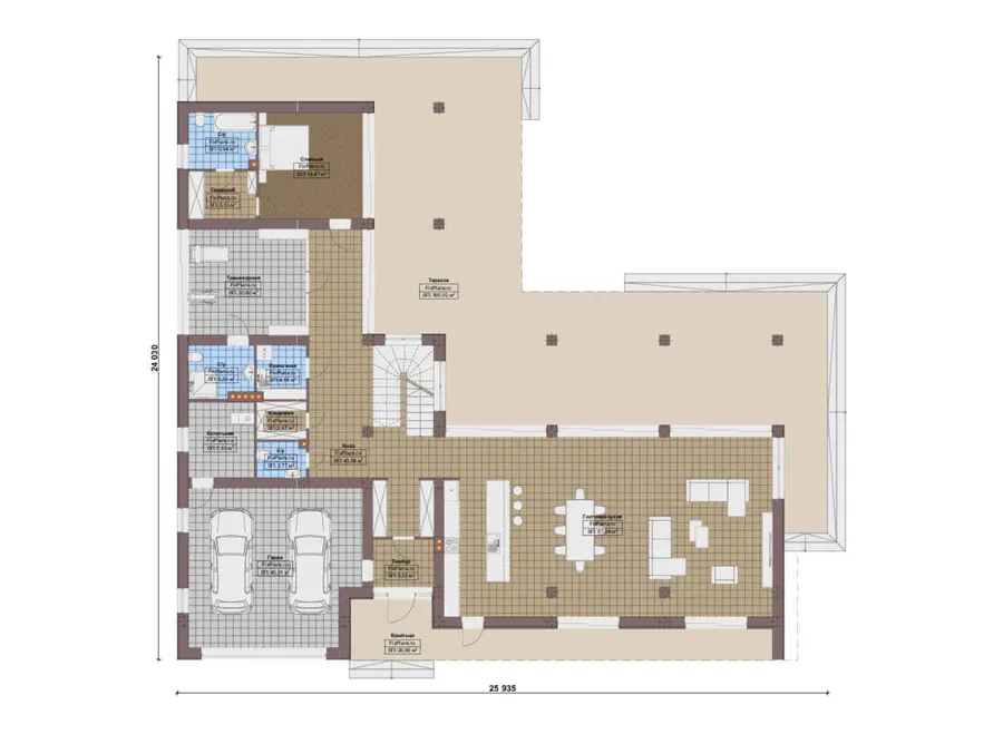 Проект двухэтажного дома 25 на 26, площадью 850 м² с террасой, балконом, гаражом на 2 машины и 5 спальнями — 1-й этаж