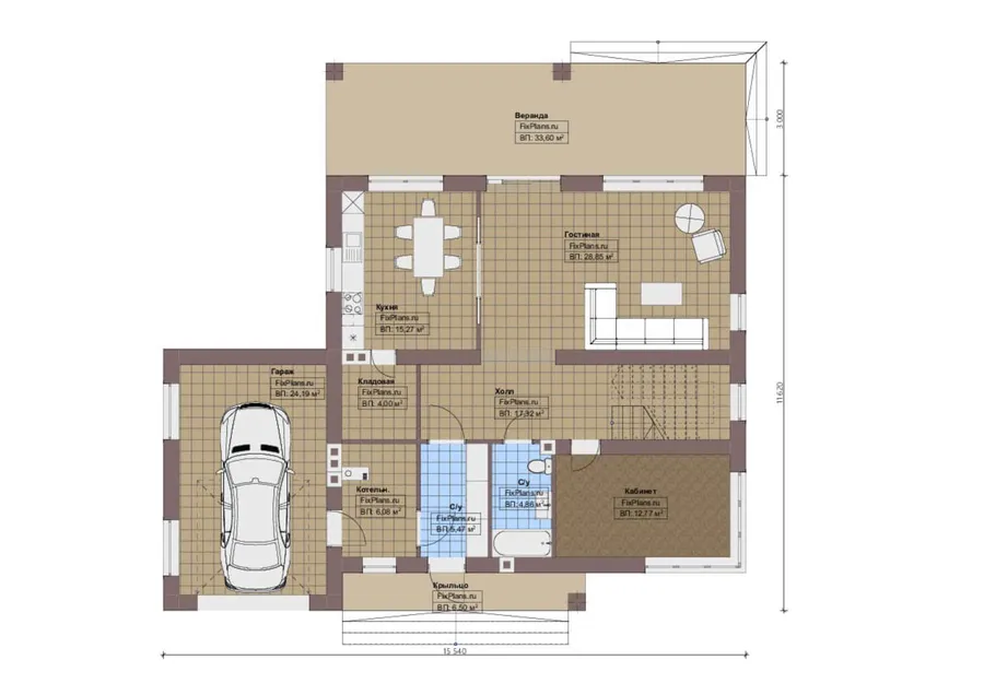 Проект двухэтажного дома 12 на 16, площадью 270 м² с террасой, балконом, гаражом на 1 машину и 4 спальнями — 1-й этаж