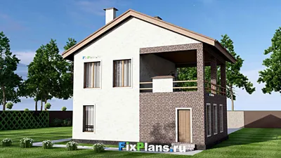Проект двухэтажного дома 10 на 10, площадью 140 м² с балконом, баней, гаражом на 1 машину и 2 спальнями — фасад 2