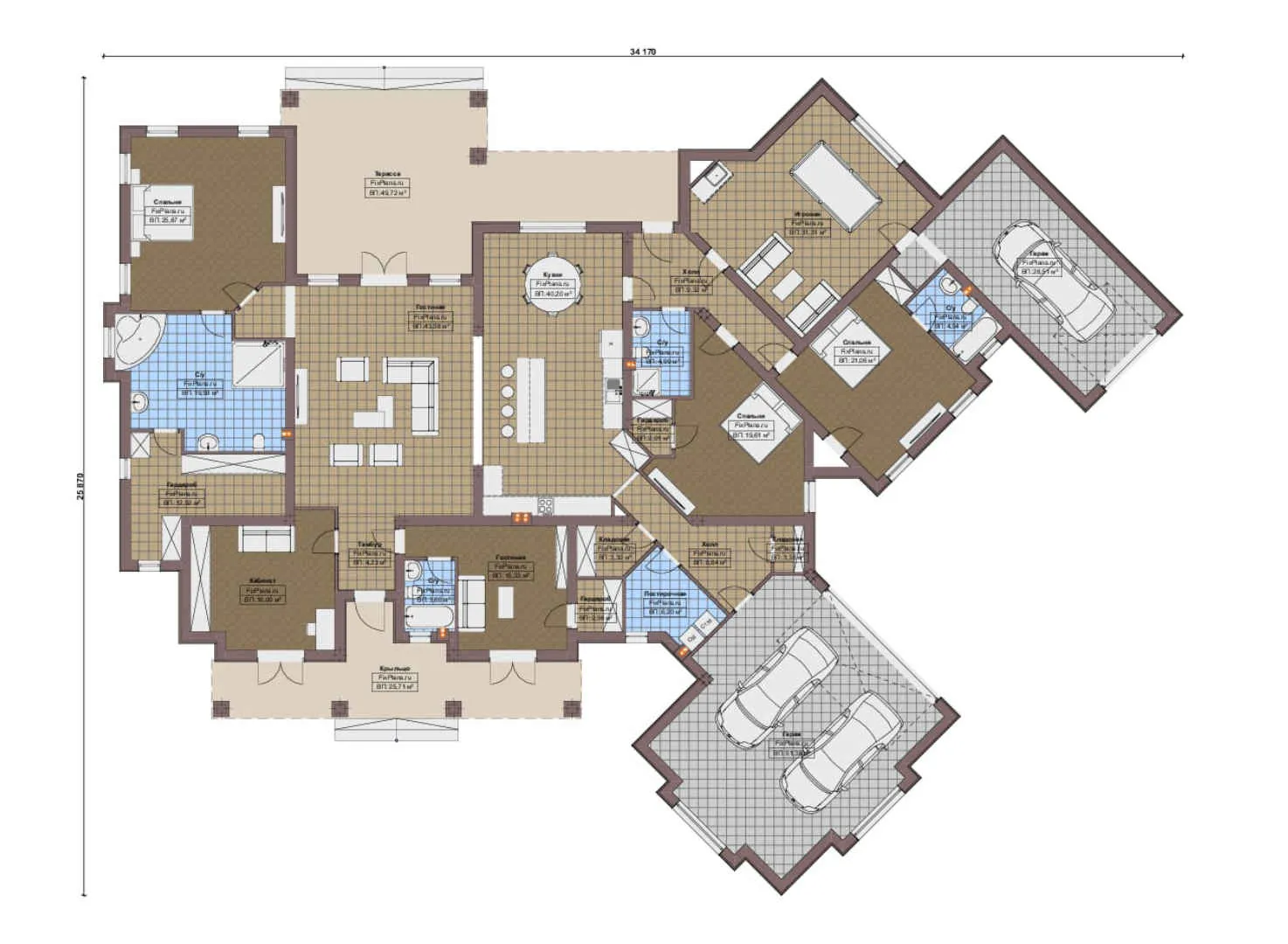 F-17216 - План одноэтажного дома 26 на 35, площадью 460 м² с террасой, гаражом на 2 машины и 3 спальнями