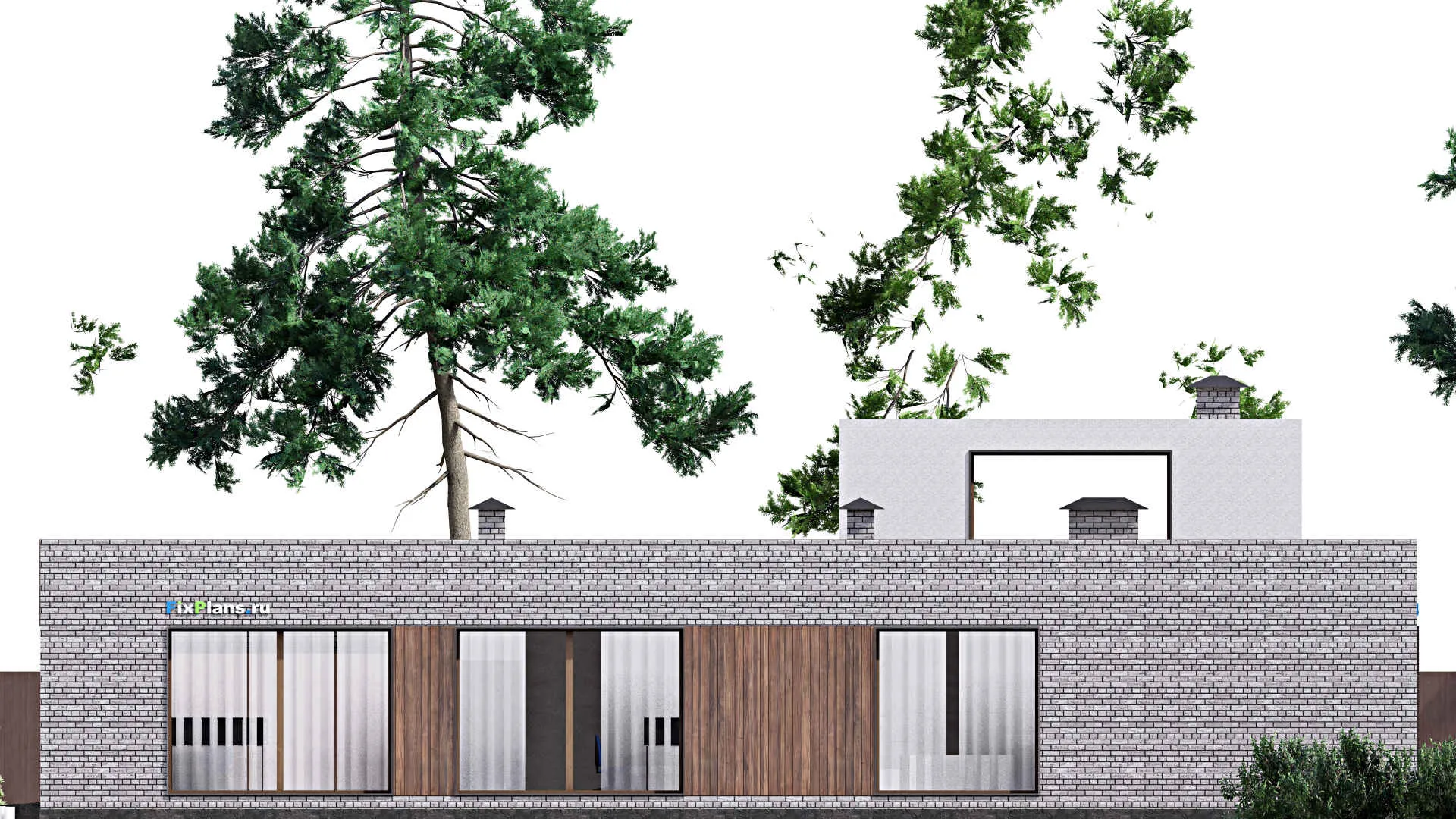 F-15749 - Проект одноэтажного дома 21 на 21, площадью 300 м² с террасой, гаражом на 2 машины и 3 спальнями