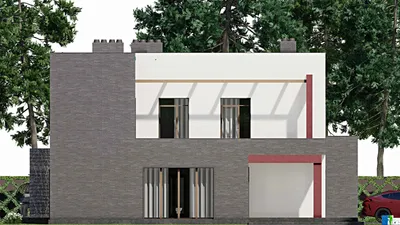 Проект двухэтажного дома 14 на 16, площадью 350 м² с террасой, балконом, баней, гаражом на 1 машину и 5 спальнями — фасад 4