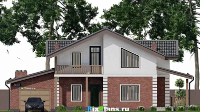 Проект дома с мансардой 10 на 17, площадью 200 м² с террасой, балконом, гаражом на 1 машину, вторым светом и 4 спальнями — фасад 3