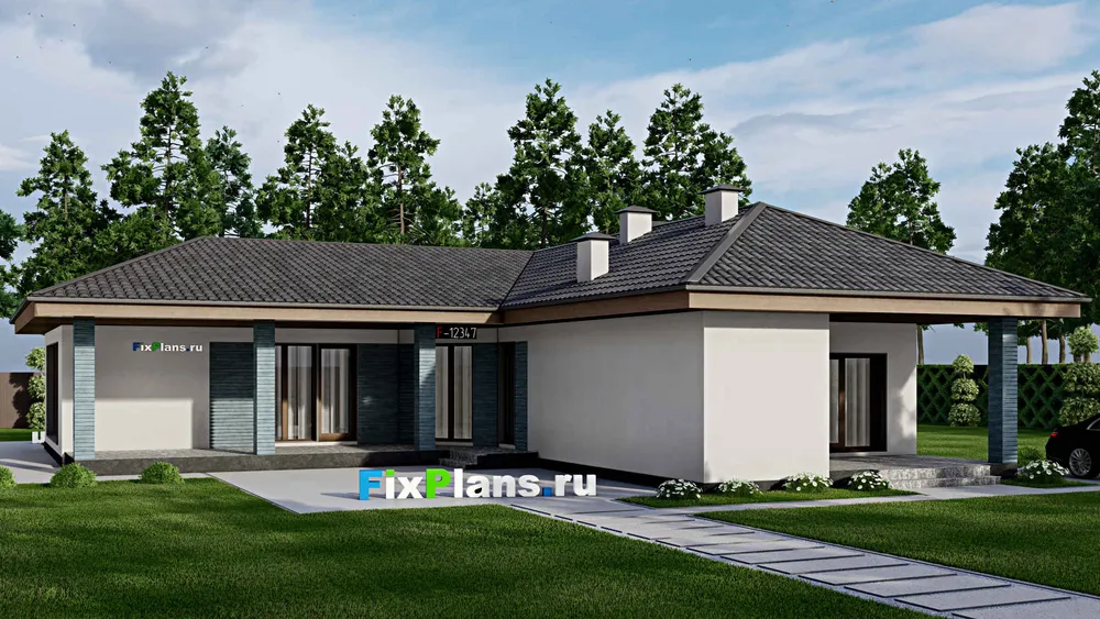Проект бани 19 на 19, площадью 200 м² с терассой, 4 санузлами и спальней — фасад 1