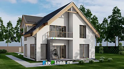 Проект дома с мансардой 11 на 19, площадью 240 м² с террасой, балконом, гаражом на 1 машину и 3 спальнями — фасад 2