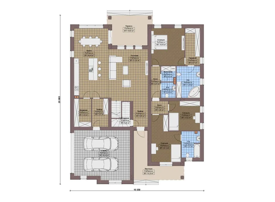 Проект одноэтажного дома 17 на 21, площадью 500 м² с террасой, гаражом на 2 машины и 3 спальнями — 1-й этаж