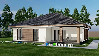 Проект одноэтажного дома 13 на 15, площадью 140 м² с террасой и 3 спальнями — фасад 2
