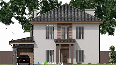 Проект двухэтажного дома 14 на 16, площадью 230 м² с террасой, балконом, гаражом на 1 машину и 5 спальнями — фасад 3