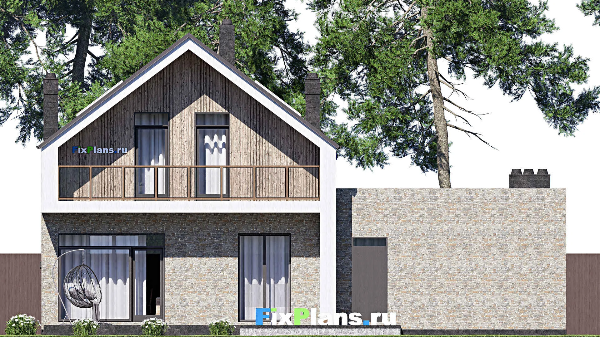 F-16568 - Проект дома с мансардой 15 на 18, площадью 270 м² с террасой, балконом, гаражом на 2 машины и 3 спальнями