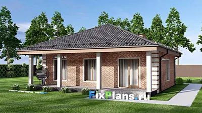 Проект одноэтажного дома 13 на 14, площадью 110 м² с террасой и 3 спальнями — фасад 2