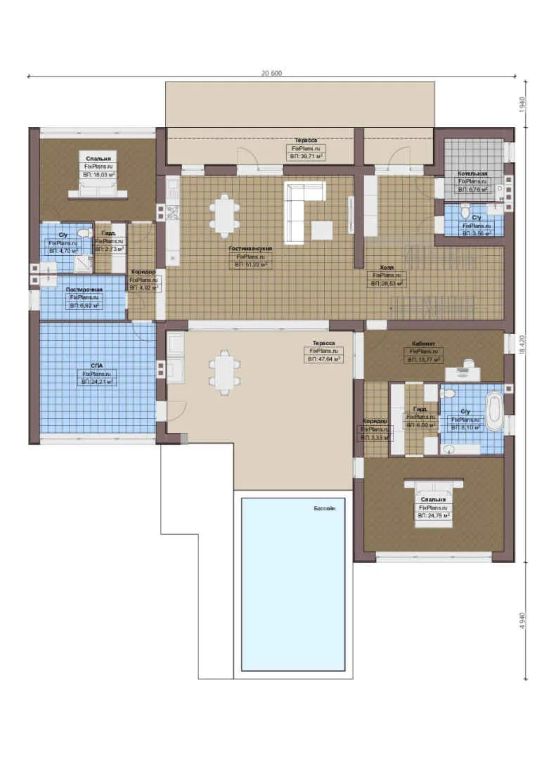 Проект двухэтажного дома 19 на 21, площадью 550 м² с террасой, балконом, баней, бассейном, спортзалом и 4 спальнями — 1-й этаж