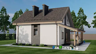 Проект дома с мансардой 9 на 11, площадью 220 м² с террасой, цокольным этажом и 3 спальнями — фасад 2