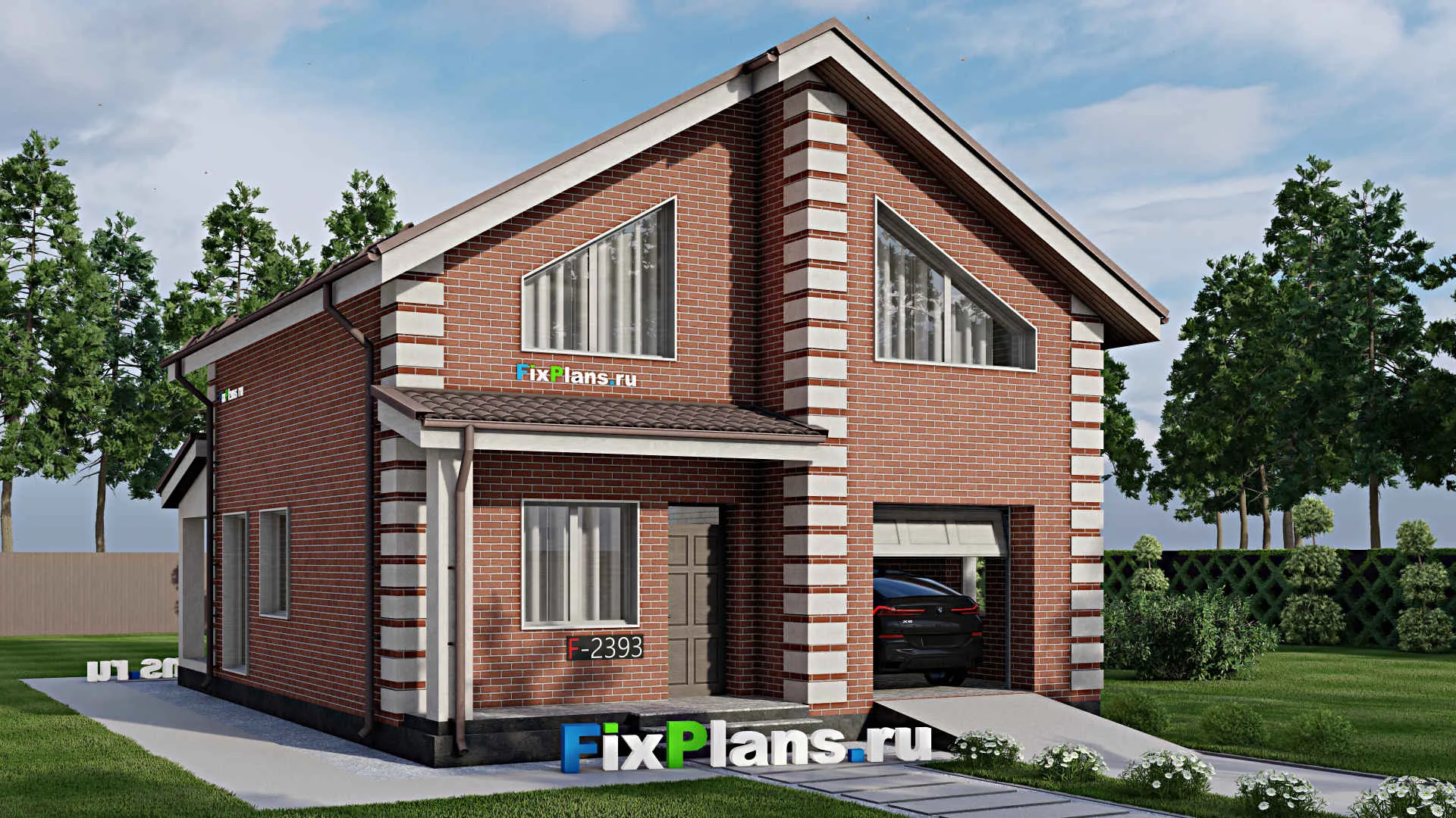 F-2393 - Проект дома с мансардой 10 на 11, площадью 160 м² с террасой, гаражом на 1 машину и 4 спальнями