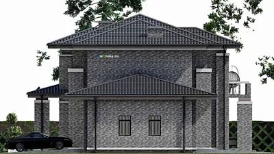 Проект двухэтажного дома 16 на 23, площадью 320 м² с террасой, балконом, гаражом на 1 машину и 4 спальнями — фасад 5