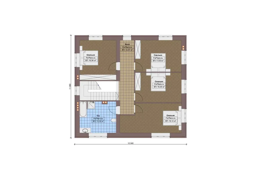 Проект двухэтажного дома 17 на 18, площадью 310 м² с террасой, баней, спортзалом и 6 спальнями — 2-й этаж