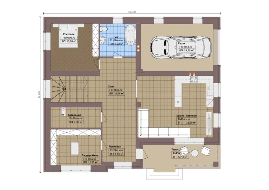 Проект двухэтажного дома 13 на 15, площадью 270 м² с террасой, балконом, гаражом на 1 машину и 4 спальнями — 1-й этаж