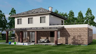 Проект двухэтажного дома 11 на 19, площадью 350 м² с террасой, балконом, гаражом на 2 машины и 4 спальнями — фасад 2