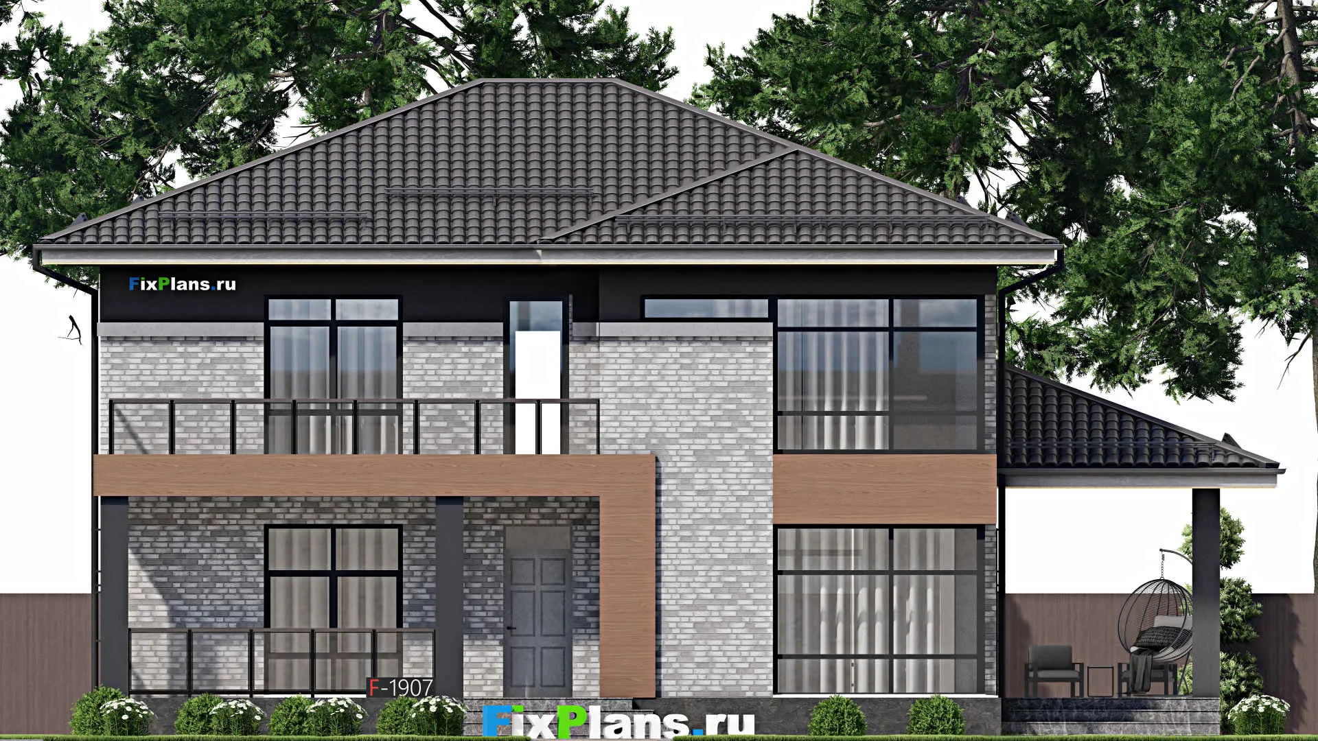 F-1907 - Проект двухэтажного дома 13 на 14, площадью 270 м² с террасой, балконом и 5 спальнями