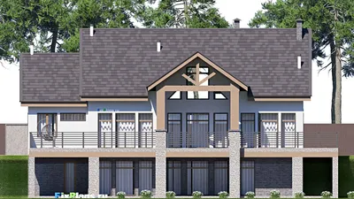 Проект одноэтажного дома 18 на 23, площадью 570 м² с террасой, цокольным этажом, гаражом на 2 машины и 3 спальнями — фасад 6