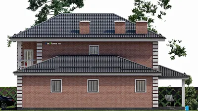 Проект двухэтажного дома 15 на 16, площадью 270 м² с террасой, балконом, гаражом на 2 машины и 4 спальнями — фасад 5