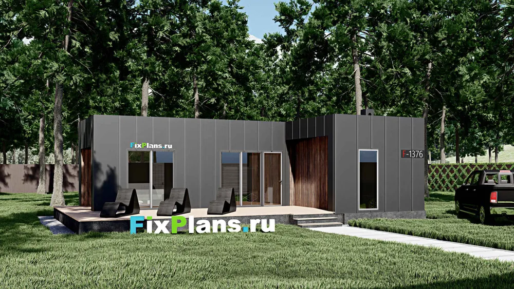 Проект бани 8 на 12, площадью 80 м² с терассой, санузлом и спальней — фасад 1