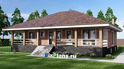 Проект одноэтажного дома 15 на 17, площадью 290 м² с террасой, цокольным этажом и 3 спальнями — фасад 2