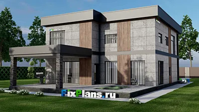 Проект двухэтажного дома 13 на 19, площадью 550 м² с террасой, балконом, баней, бассейном и 8 спальнями — фасад 2