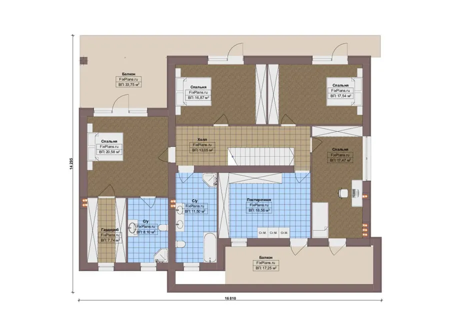Проект двухэтажного дома 15 на 17, площадью 740 м² с террасой, балконом, гаражом на 2 машины и 5 спальнями — 2-й этаж