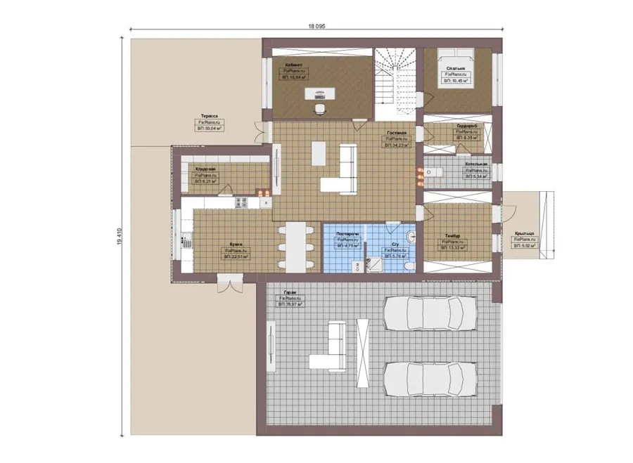 Проект двухэтажного дома 19 на 20, площадью 450 м² с террасой, балконом, гаражом на 2 машины и 5 спальнями — 1-й этаж