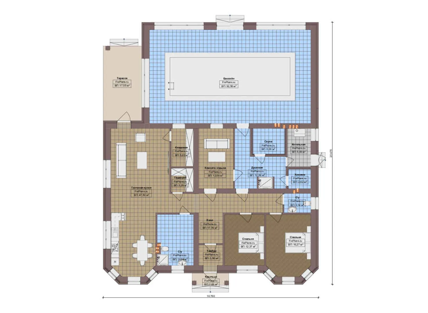 F-15425 - План одноэтажного дома 17 на 21, площадью 280 м² с террасой, баней, бассейном и 2 спальнями