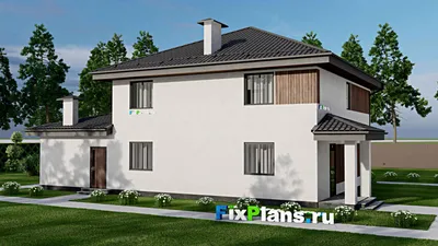 Проект двухэтажного дома 12 на 16, площадью 230 м² с террасой, балконом, гаражом на 1 машину и 6 спальнями — фасад 2