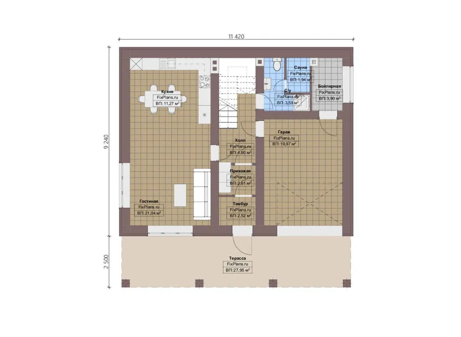 Проект двухэтажного дома 10 на 12, площадью 240 м² с террасой, баней, гаражом на 1 машину и 4 спальнями — 1-й этаж