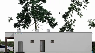 Проект одноэтажного дома 18 на 23, площадью 260 м² с террасой, баней, гаражом на 2 машины, спортзалом и 2 спальнями — фасад 5