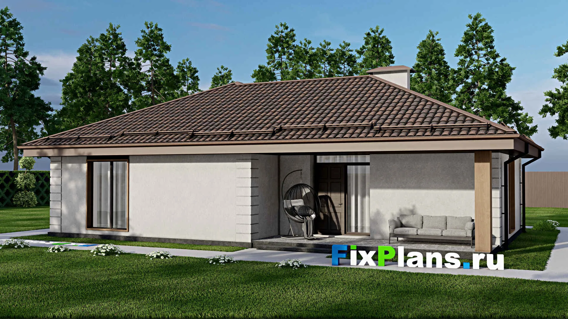 F-7766 - Проект одноэтажного дома 11 на 15, площадью 110 м² с террасой и 2 спальнями