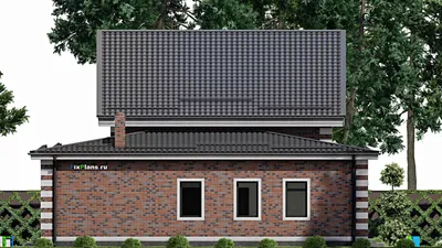 Проект дома с мансардой 14 на 19, площадью 300 м² с террасой, баней, гаражом на 1 машину и 4 спальнями — фасад 6