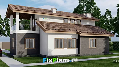Проект дома с мансардой 11 на 17, площадью 180 м² с балконом и 3 спальнями — фасад 2