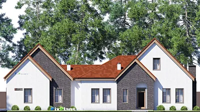 Проект дома с мансардой 15 на 23, площадью 260 м² с террасой, гаражом на 2 машины и 3 спальнями — фасад 3