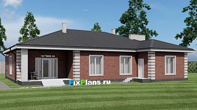 Проект одноэтажного дома 17 на 19, площадью 200 м² с террасой, баней, гаражом на 1 машину и 3 спальнями — фасад 2