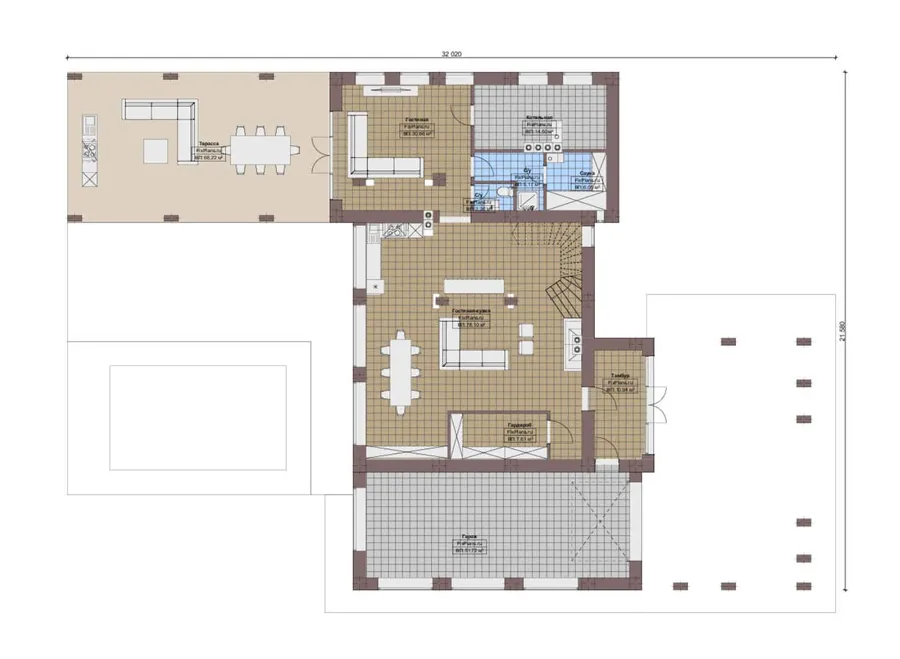 Проект двухэтажного дома 22 на 33, площадью 360 м² с террасой, баней, гаражом на 2 машины и 3 спальнями — 1-й этаж