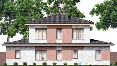 Проект двухэтажного дома 14 на 19, площадью 260 м² с террасой, баней и 4 спальнями — фасад 6