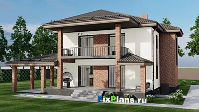 Проект двухэтажного дома 13 на 17, площадью 270 м² с террасой, балконом и 3 спальнями — фасад 2