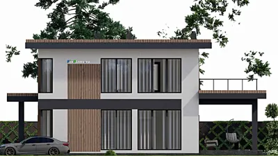 Проект двухэтажного дома 11 на 17, площадью 250 м² с террасой, балконом и 4 спальнями — фасад 5