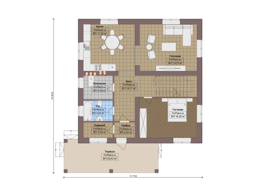 Проект двухэтажного дома с мансардой 12 на 14, площадью 280 м² с террасой, балконом и 4 спальнями — 1-й этаж