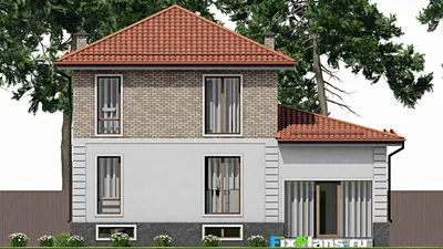 Проект двухэтажного дома 11 на 13, площадью 210 м² с террасой, балконом, цокольным этажом, гаражом на 1 машину и 4 спальнями — фасад 6